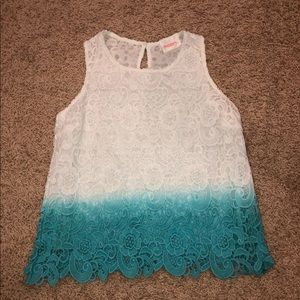Turquoise and white crochet/lace tank top-lined
